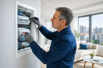 Electricista en Barcelona revisando un cuadro eléctrico en una vivienda