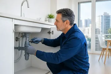 Fontanero en Barcelona reparando la fontanería de un fregadero de cocina