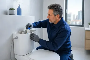 Plumber in Barcelona repairing a toilet cistern in a bathroom